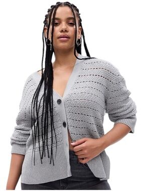 GAP Medium Grey Cotton Pointelle Button Front Split Hem Cardigan Sweater (SP)